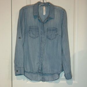 Liverpool Chambray Button Front Hem Roll Tab Sleeve Shirt Blue S